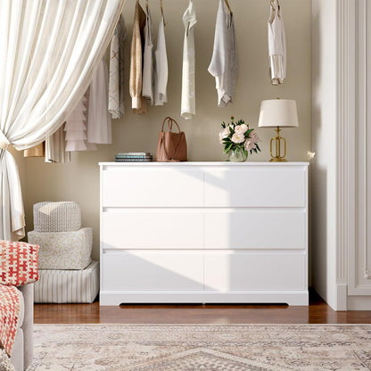 White Peach Maple six-drawer bedroom dresser with sleek handles, offering stylish storage solutions.