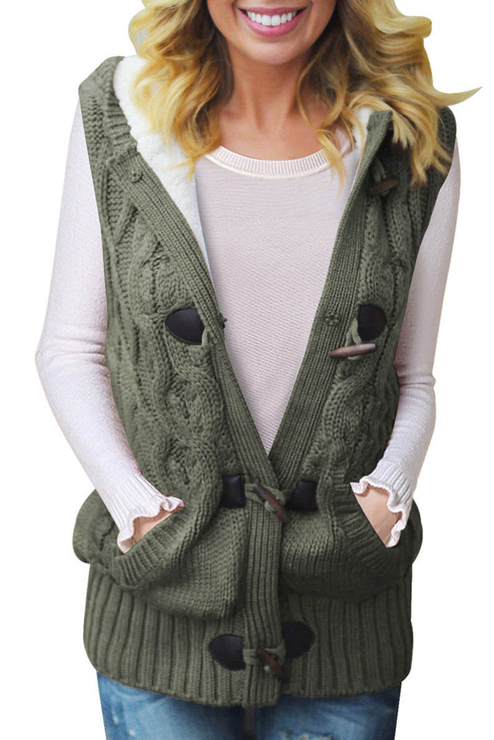 Multicolour cable knit hooded sweater vest by Harlequin Daisy, casual cozy knitwear with vibrant multicolour pattern.