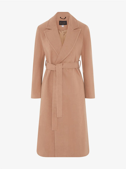 Rose Eleusis belted longline duster coat, stylish jacket with a belt, shown in a long, flowing silhouette.