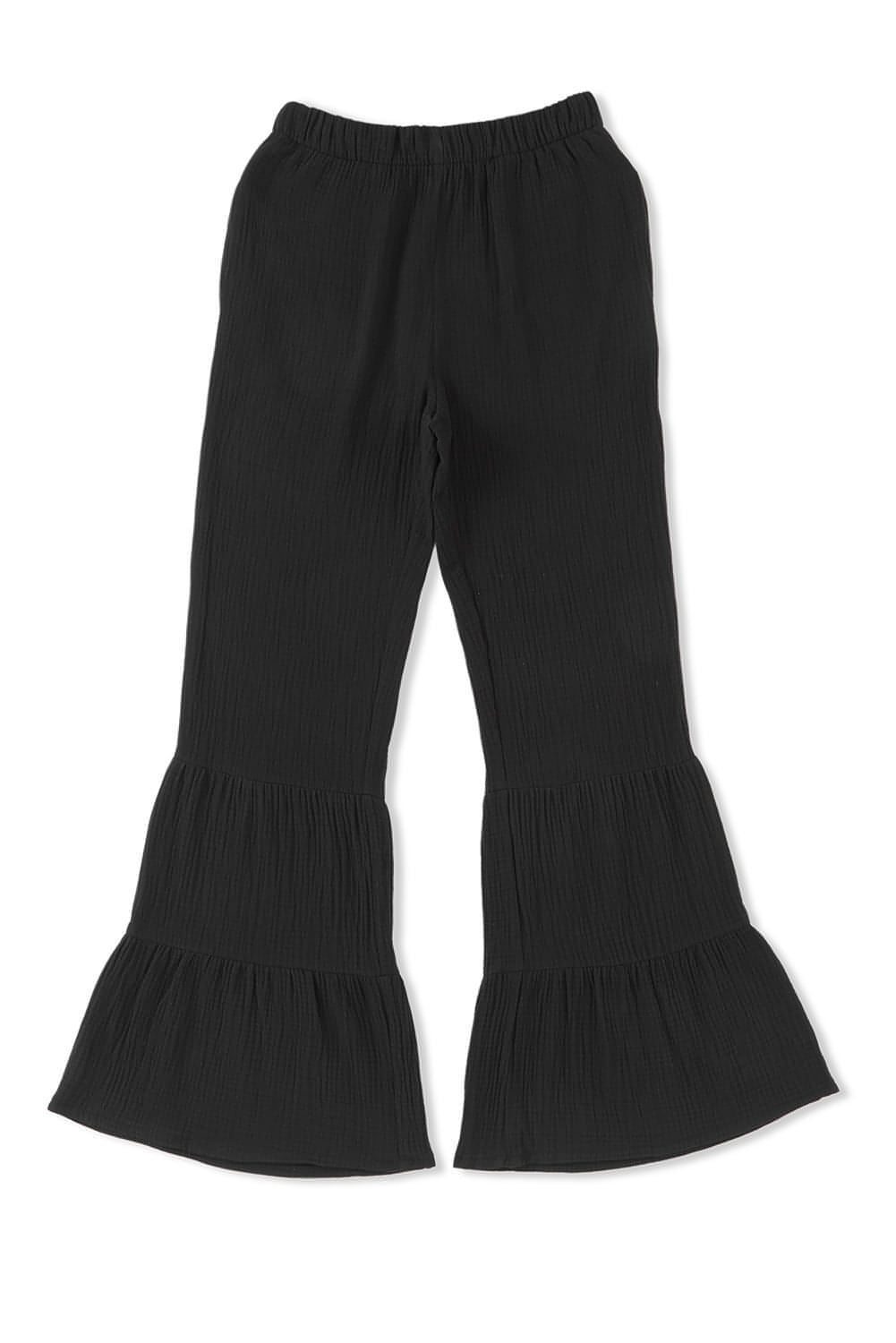 Black textured high waist ruffled bell bottom pants by Carmine Juneberry, featuring a stylish flared design and ruffle details.
