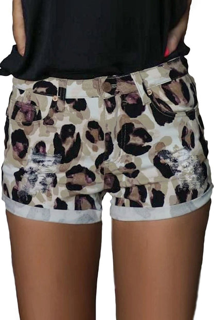 Women’s taupe leopard distressed shorts by Jade, featuring a stylish, worn-in look with animal print and casual fit.