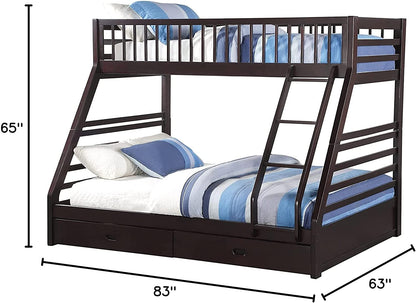 Espresso finish XL twin over queen bunk bed with built-in drawers from Peach Maple, showcasing a sturdy wooden design and ample storage.