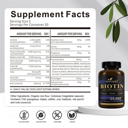 Pear Daisy Biotin, Collagen, and Hyaluronic Acid supplement for supporting normal hair, displayed in a clean, natural setting.