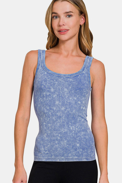 Ribbed scoop neck tank top by Jade Icarus, featuring a fitted design with textured fabric and a classic neckline.