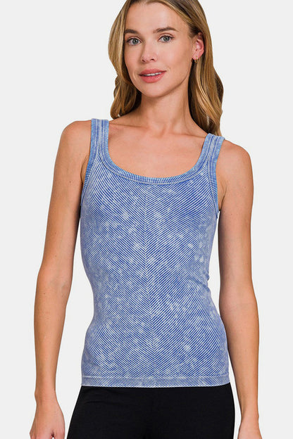 Ribbed scoop neck tank top by Jade Icarus, featuring a fitted design with textured fabric and a classic neckline.