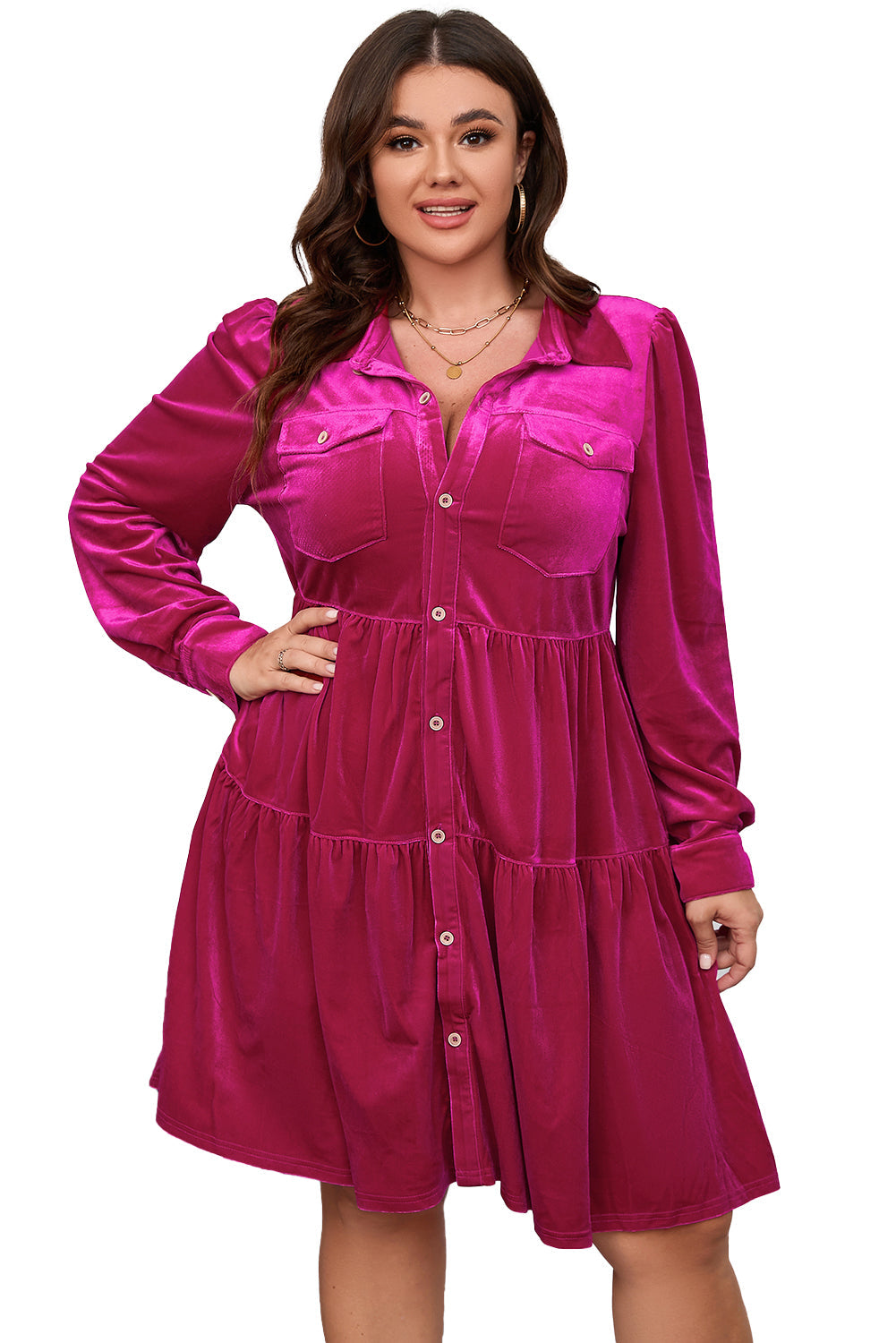 Rose red plus size velvet long sleeve button-up tiered dress by Harlequin Daisy, featuring a stylish layered design.