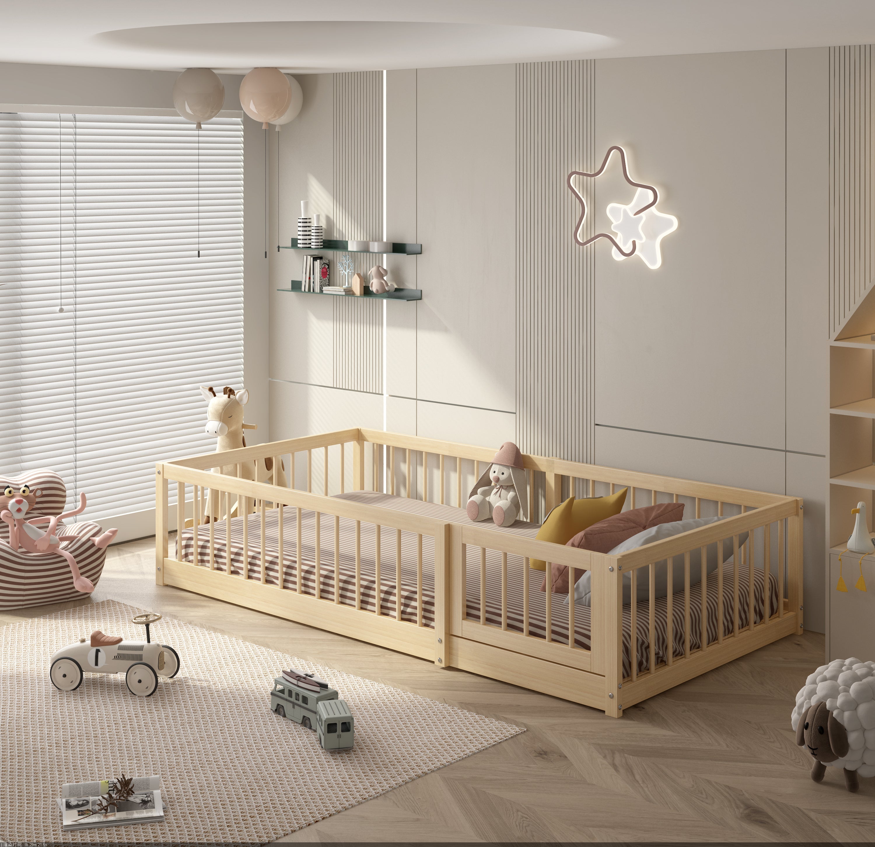Olive Lucy Dream Raft Montessori natural twin floor bed for children, showcasing wooden frame and minimalist design.