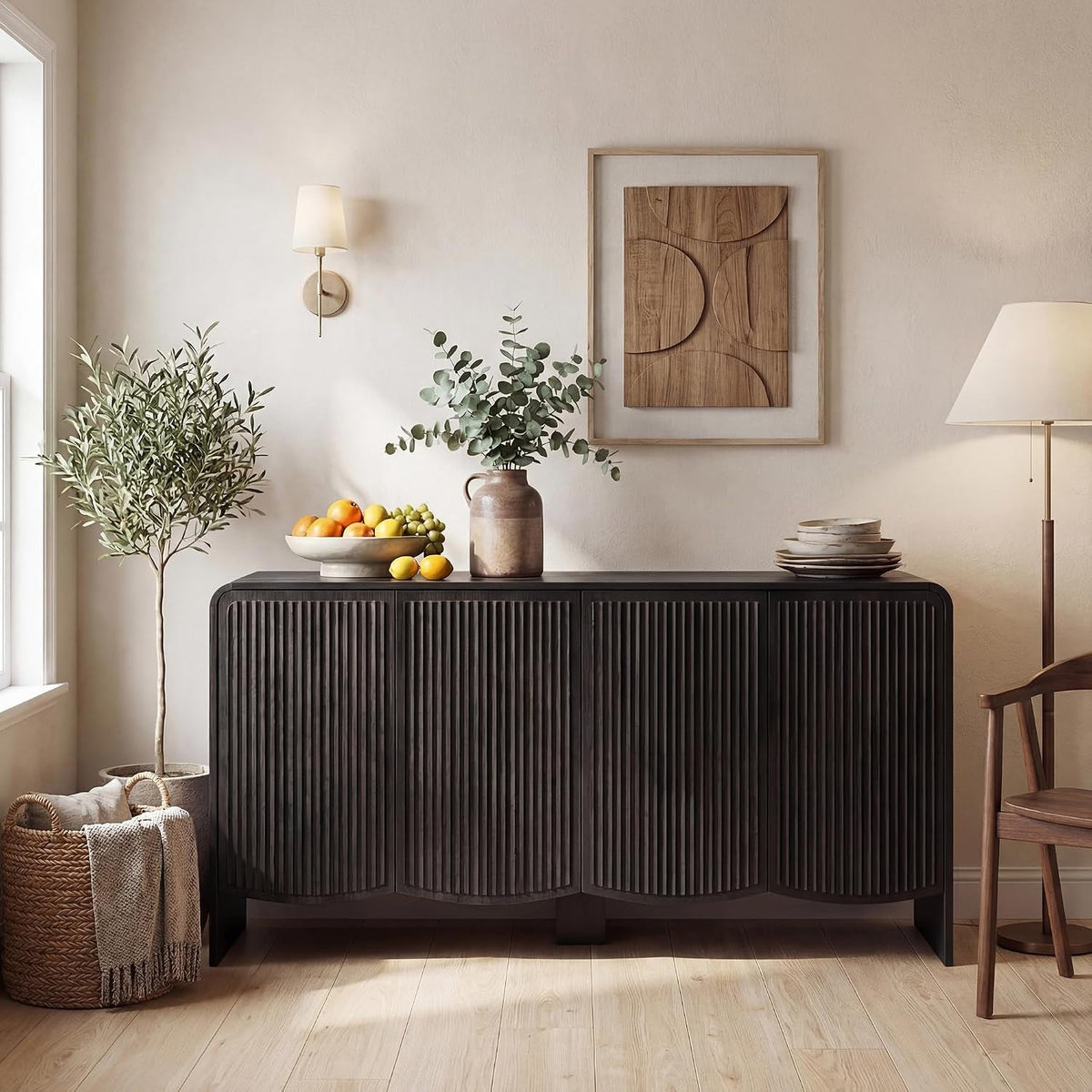 58-Inch Black Fluted Sideboard With Adjustable Shelves