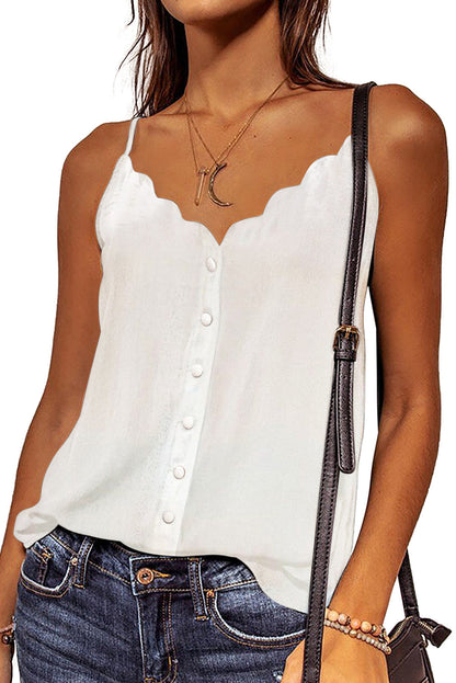 White spaghetti straps buttoned V-neck vest by Harlequin Daisy, featuring a stylish sleeveless design and button details.