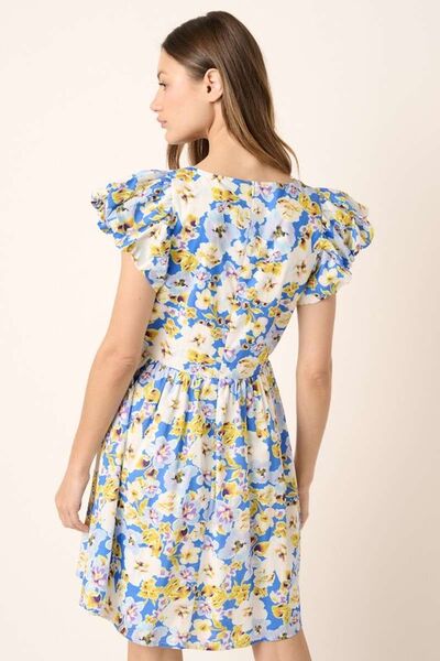 Jade Icarus Mittoshop floral V-neck cap sleeve mini dress for women with a colorful floral pattern and lightweight fabric.