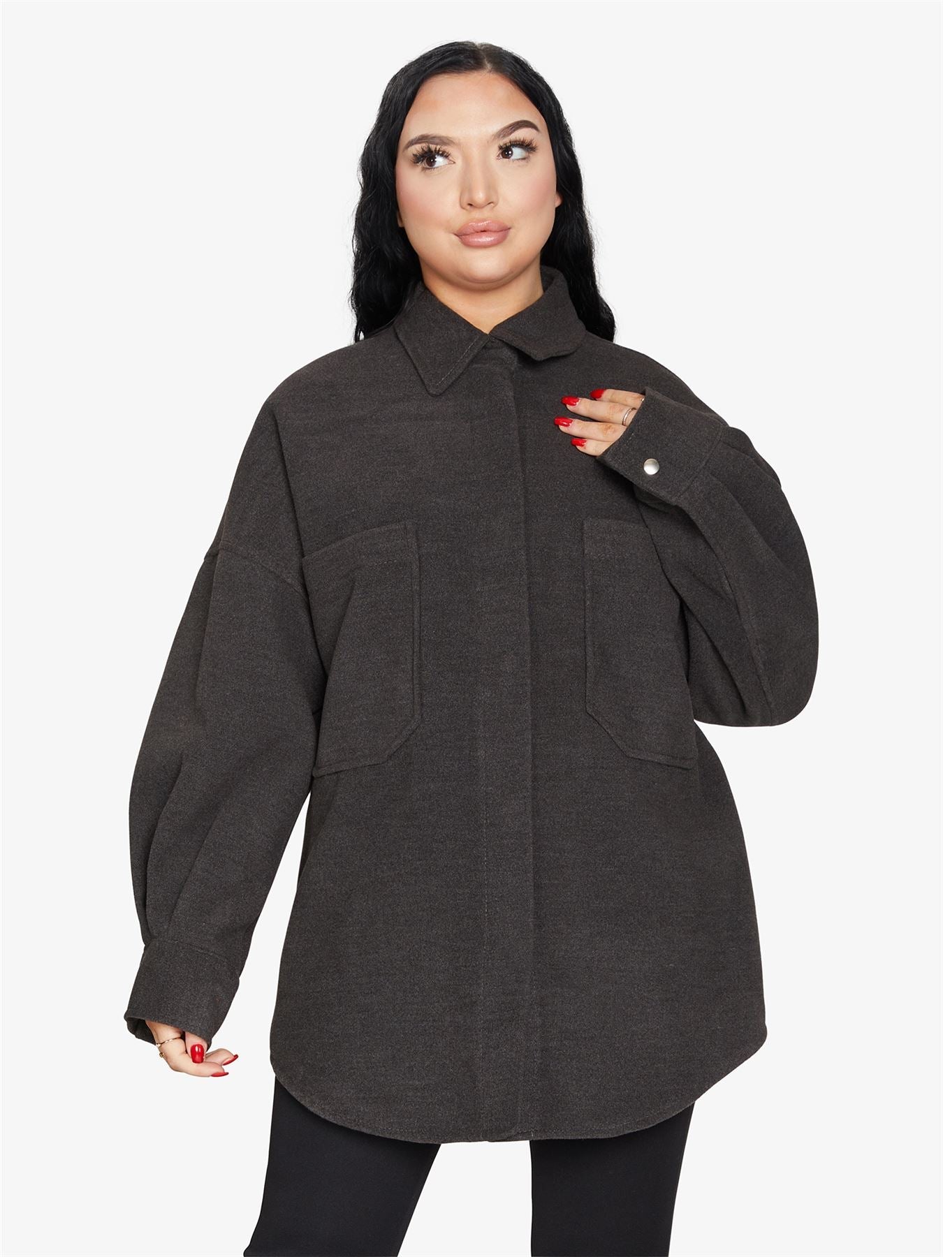 Rose Eleusis oversized patch pocket shacket, a stylish casual jacket with large patch pockets and relaxed fit, perfect for layering.