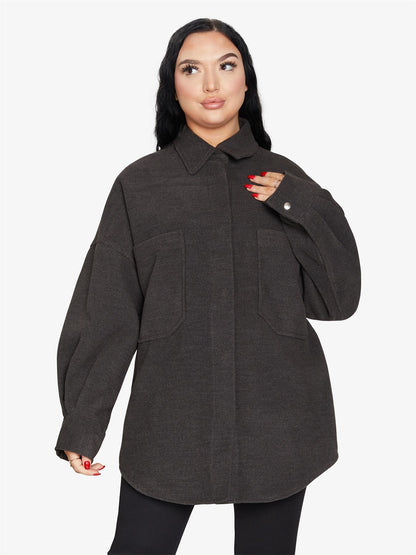 Rose Eleusis oversized patch pocket shacket, a stylish casual jacket with large patch pockets and relaxed fit, perfect for layering.