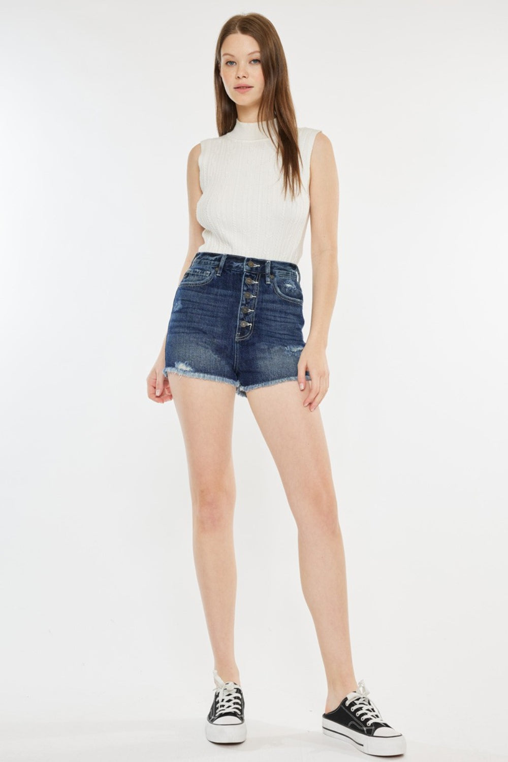 Jade Icarus Kancan raw hem denim shorts with button fly, featuring distressed details and a casual, rugged style.