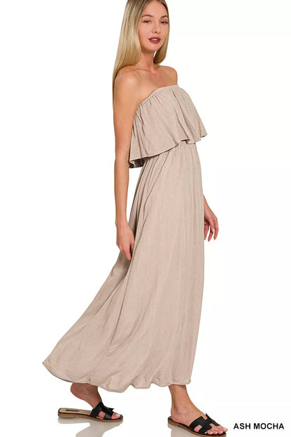 Woven crinkle strapless maxi dress by Pear Daisy, featuring a relaxed, flowing design perfect for home and casual wear.