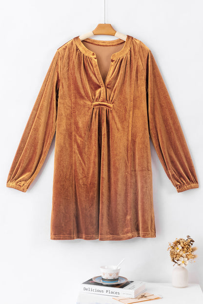 Harlequin Daisy chestnut split neck velvet tunic dress, stylish bath and beauty attire with soft, luxurious fabric and elegant design.