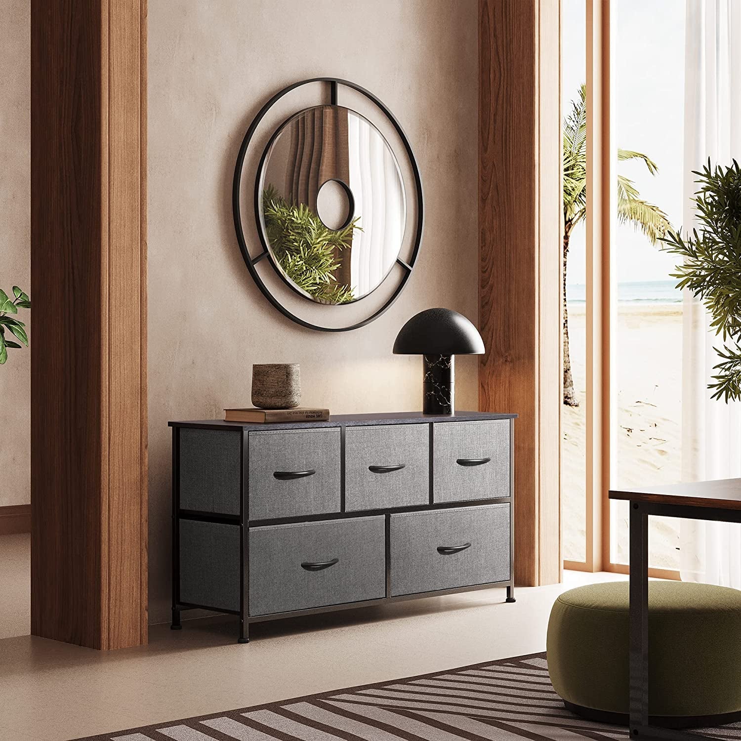 Peach Maple 5-drawer fabric dresser organizer for bedroom storage, showing a fabric-covered furniture piece with five spacious drawers.