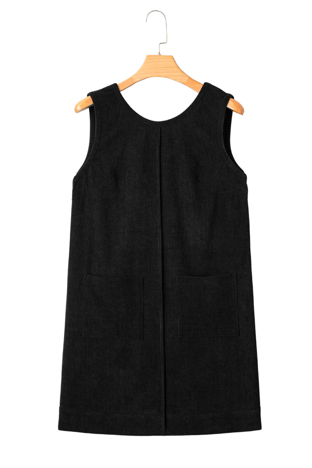 Solid beige corduroy sleeveless mini dress with front pockets by Byzantium Bay, showcasing its textured fabric and casual style.