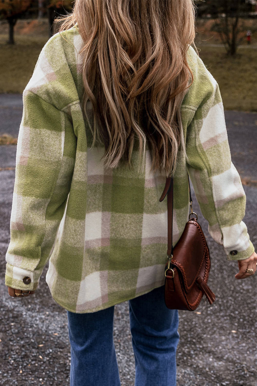 Sage green plaid print Carmine Juneberry shacket with buttoned flap pockets, oversized style, perfect as a casual tops or blouse alternative.