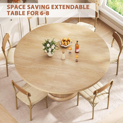 Extendable Round Dining Table 47 Inch Natural Wood Finish