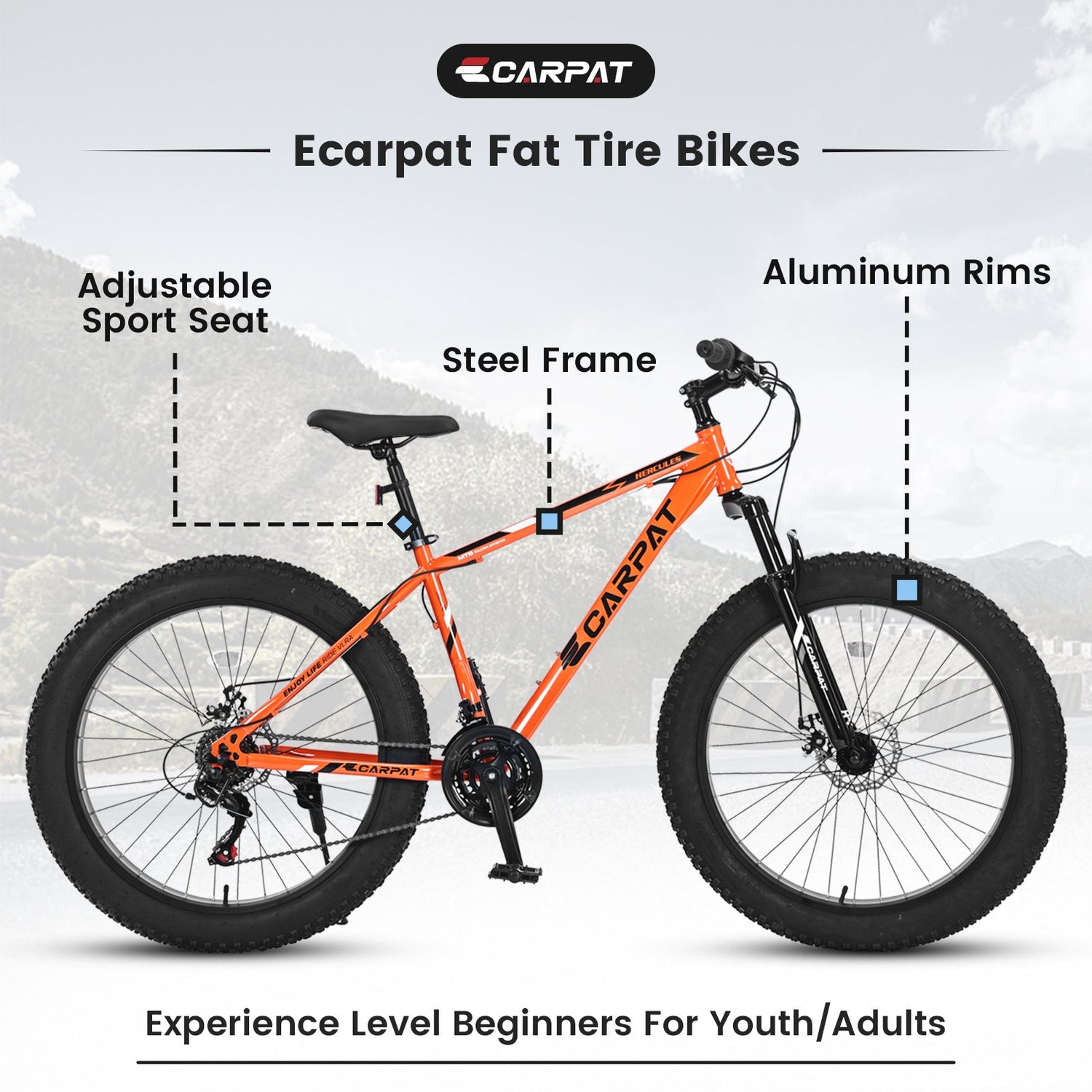 Carmine Juneberry TerraForce City-Cruizer 26-inch fat tire mountain bike with 21-speed gear, ready for urban and off-road riding.