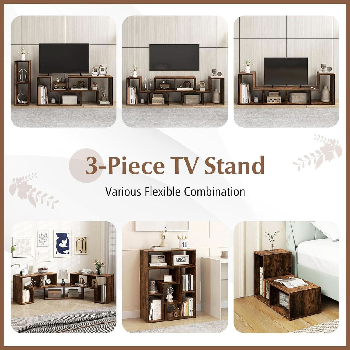 Deformable 3-Piece TV Stand Brown Finish 50-65 Inch