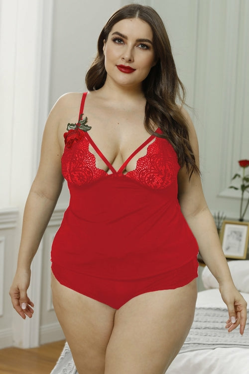 Plus size floral embroidery lace cami set for women by Jade, featuring delicate lace and vibrant floral embroidery.