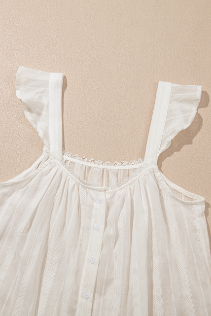 White lace crochet ruffle buttoned tank top for women by Byzantium Bay, featuring delicate details and a stylish fit.