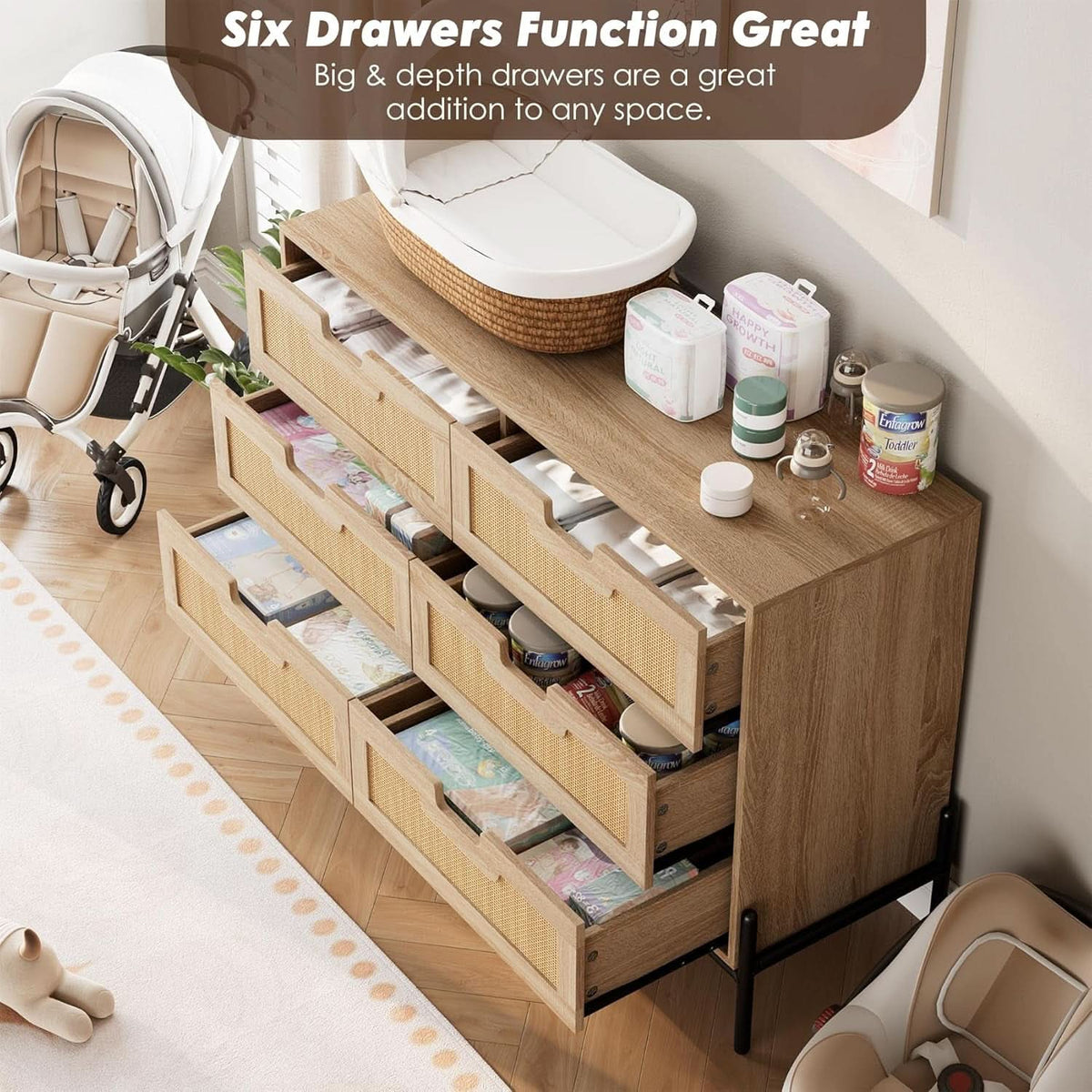 Rattan Open work Braided Chest Of Six Drawers Walnut Finish