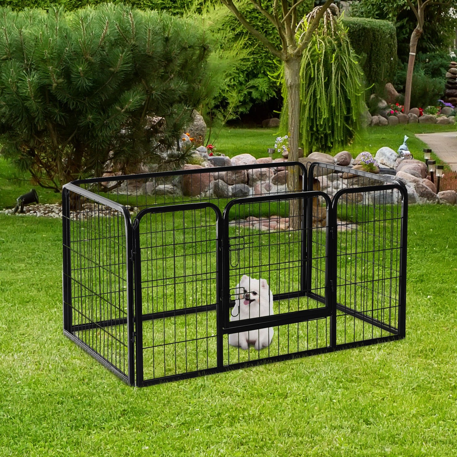 Taupe Shadow pet playpen with four black panels, heavy-duty design for puppies, cats, and dogs, providing a secure indoor or outdoor space.