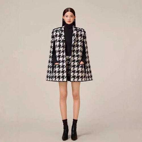 Carmine Juneberry houndstooth woolen cape coat and matching shorts, stylish jackets and coats set with classic pattern and tailored fit.