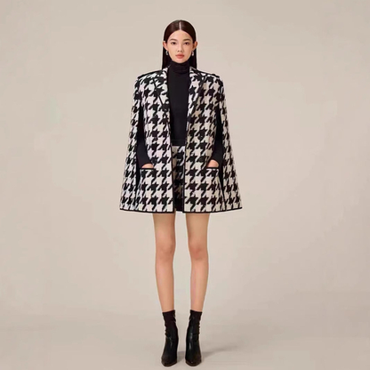 Carmine Juneberry houndstooth woolen cape coat and matching shorts, stylish jackets and coats set with classic pattern and tailored fit.