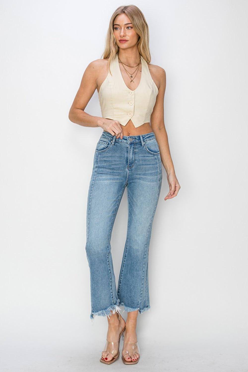 Carmine Juneberry RISEN high rise flare jeans with frayed hem, full size denim pants, front view showing distressed details