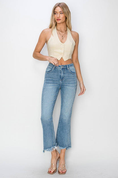 Carmine Juneberry RISEN high rise flare jeans with frayed hem, full size denim pants, front view showing distressed details