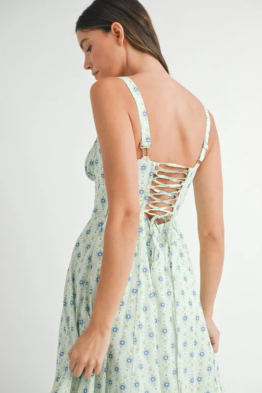 Pear Daisy floral print bustier back lace-up midi dress, stylish home and garden decor with vibrant floral design.
