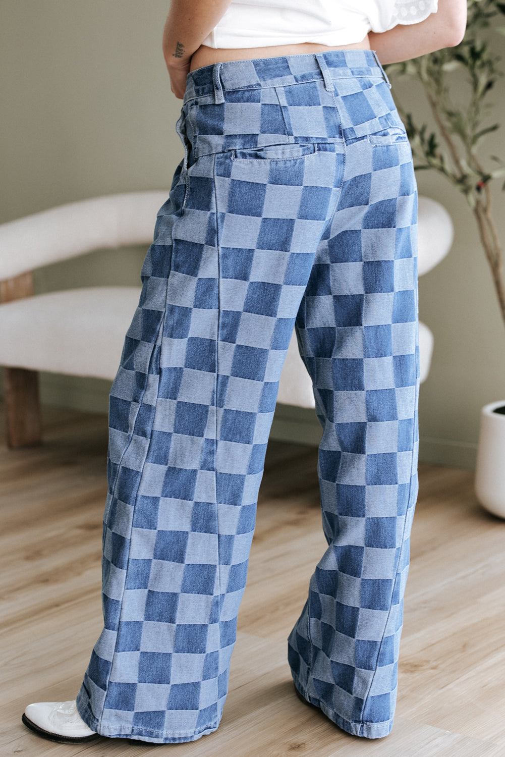 Dusk blue checkered denim wide-leg jeans for women by Ruby Styx, featuring a high waist and relaxed fit.