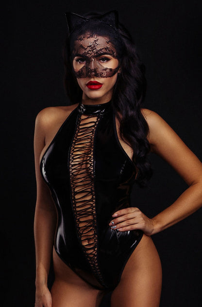 Black latex bodysuit with PVC material, form-fitting and sleek, featuring a sexy cat-inspired design from Brown Hercules.