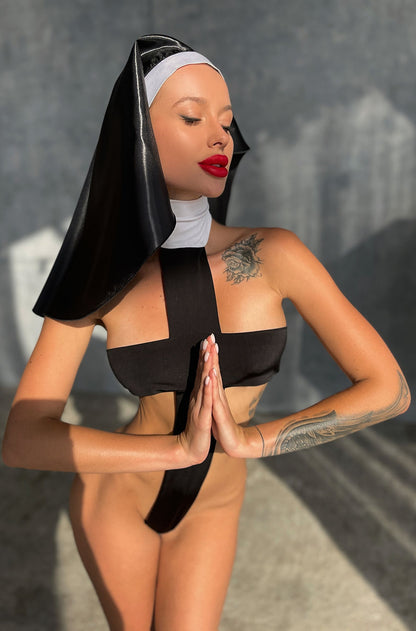 Brown Hercules Nun Cosplay Cross Lingerie Bodysuit featuring religious-inspired design and black fabric with cross details.