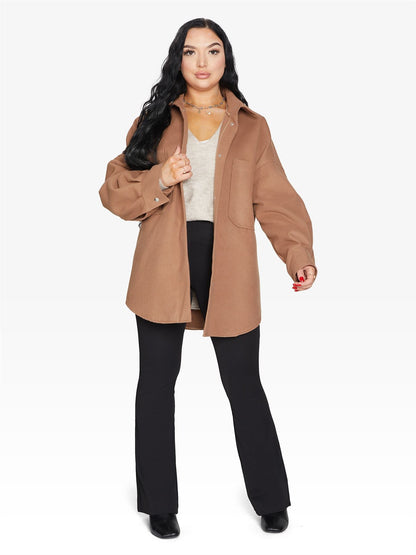 Rose Eleusis oversized patch pocket shacket, a stylish jacket with large patch pockets, casual and versatile for everyday wear.