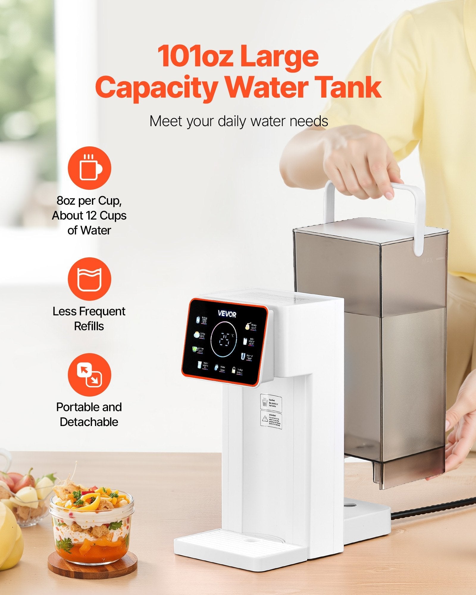 Pear Daisy countertop instant hot water dispenser showing six temperature settings and a 101oz capacity in a modern kitchen.