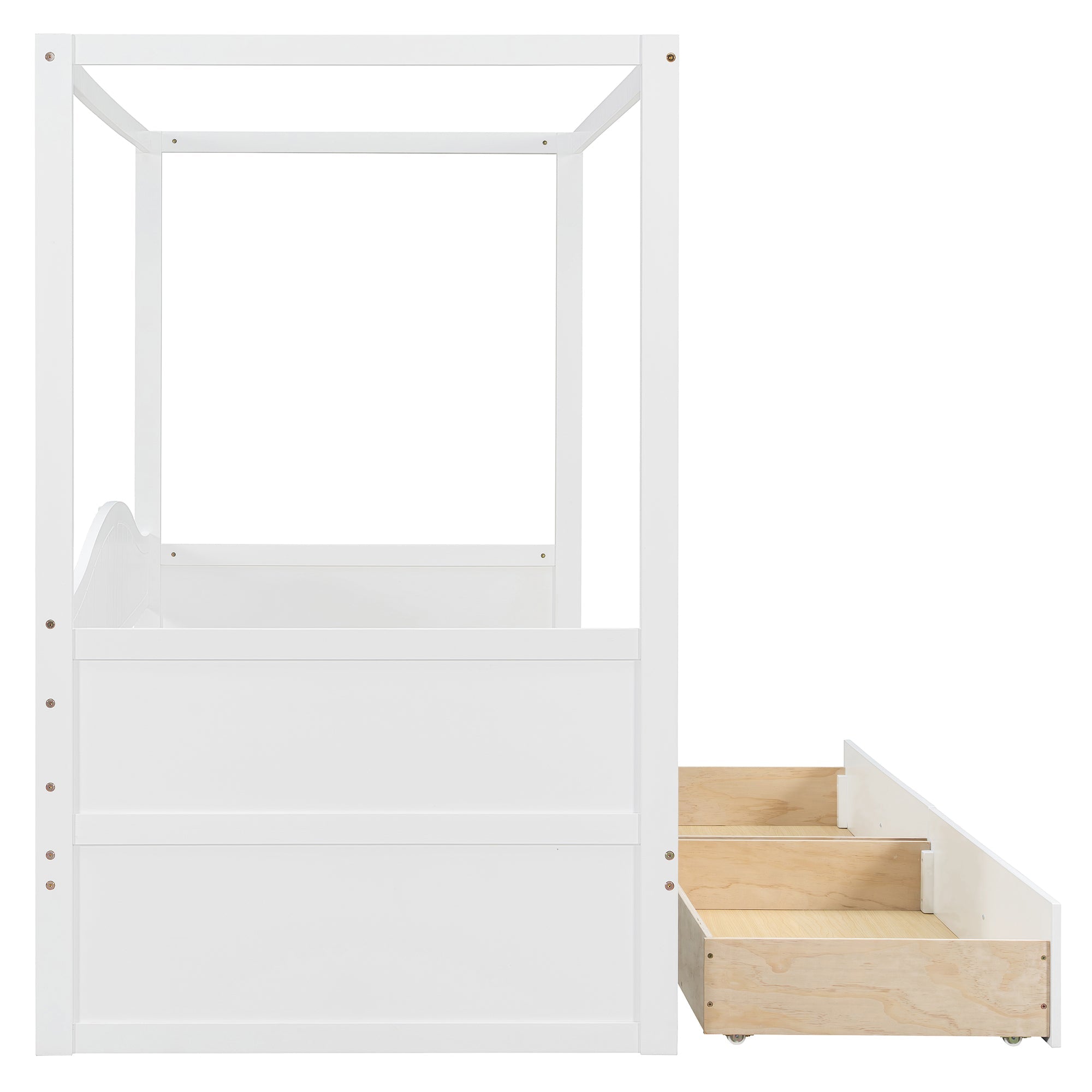 Sangria Beech twin size canopy day bed with frame, canopy cover, and two storage drawers, in a modern bedroom setting.