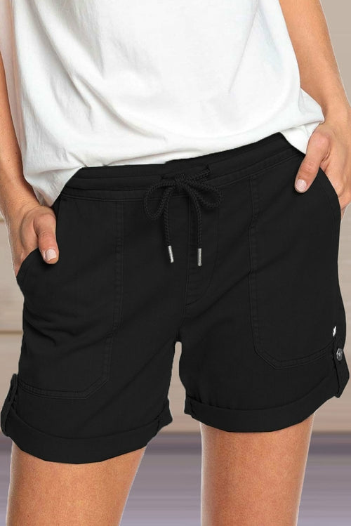 Women’s Jade elastic waistband pocket drawstring shorts with button, casual and comfortable summer clothing for women.