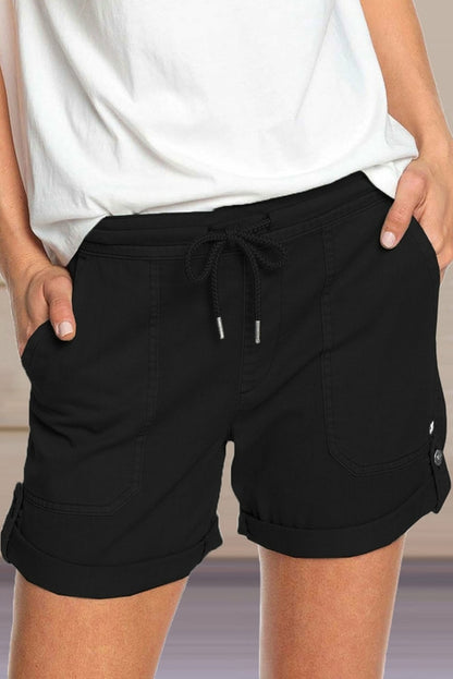Women’s Jade elastic waistband pocket drawstring shorts with button, casual and comfortable summer clothing for women.