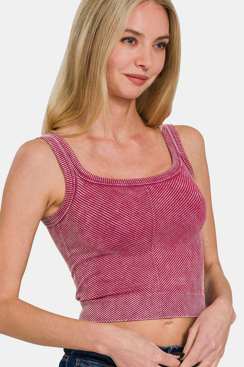 Automotive Jade Icarus Zenana Washed Ribbed Scoop Neck Wide Strap Tank in a washed fabric with wide straps, shown in a close-up view.