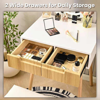 Natural Oak Vanity Desk With Illuminated Makeup Mirror