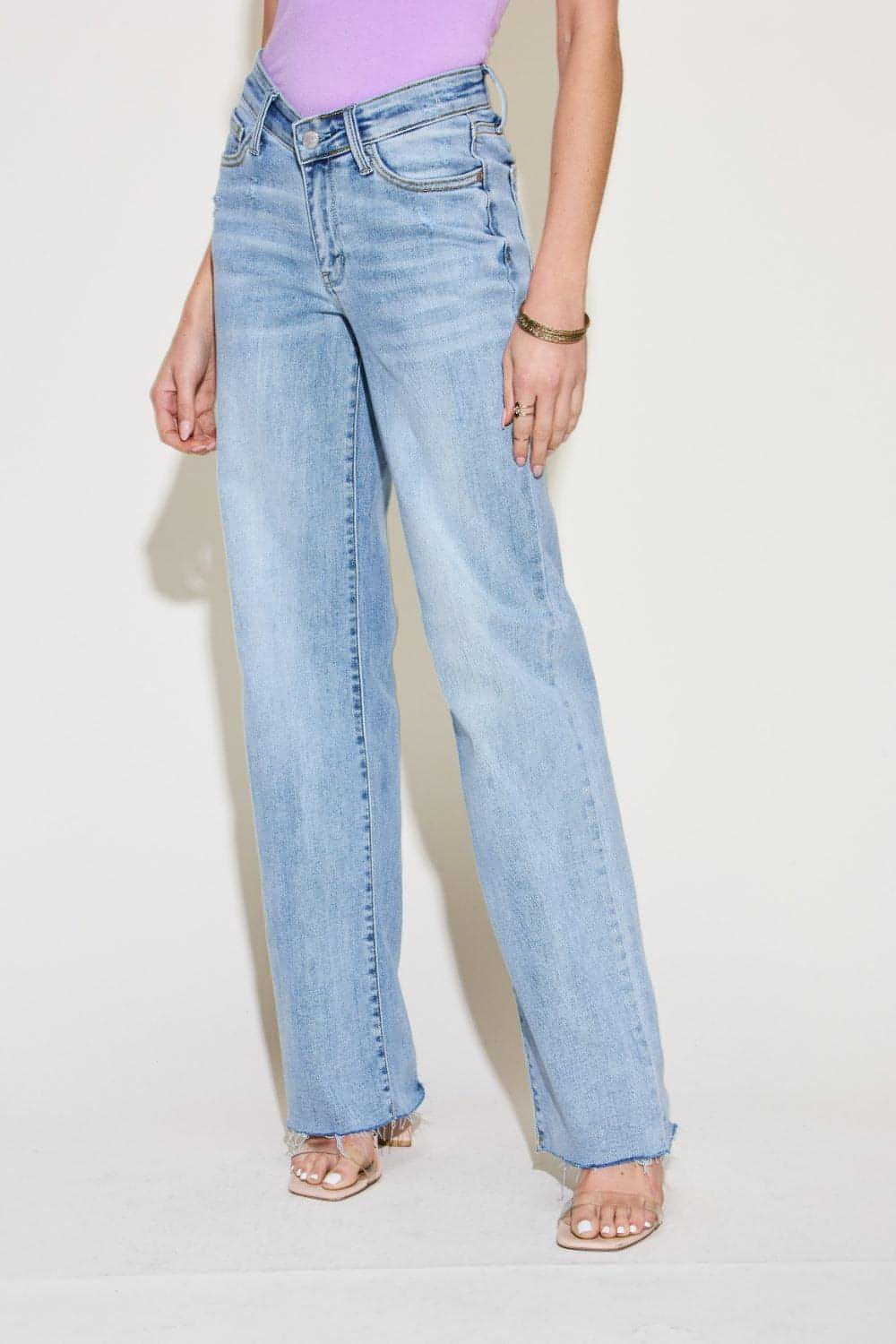 Carmine Juneberry Judy Blue full-size straight jeans with V-front waistband, denim fabric, and classic fit.