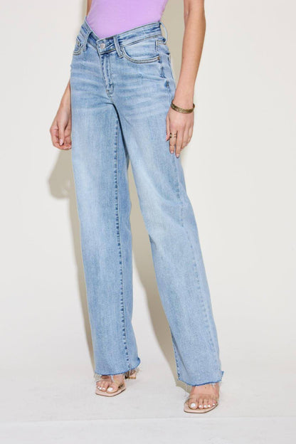 Carmine Juneberry Judy Blue full-size straight jeans with V-front waistband, denim fabric, and classic fit.