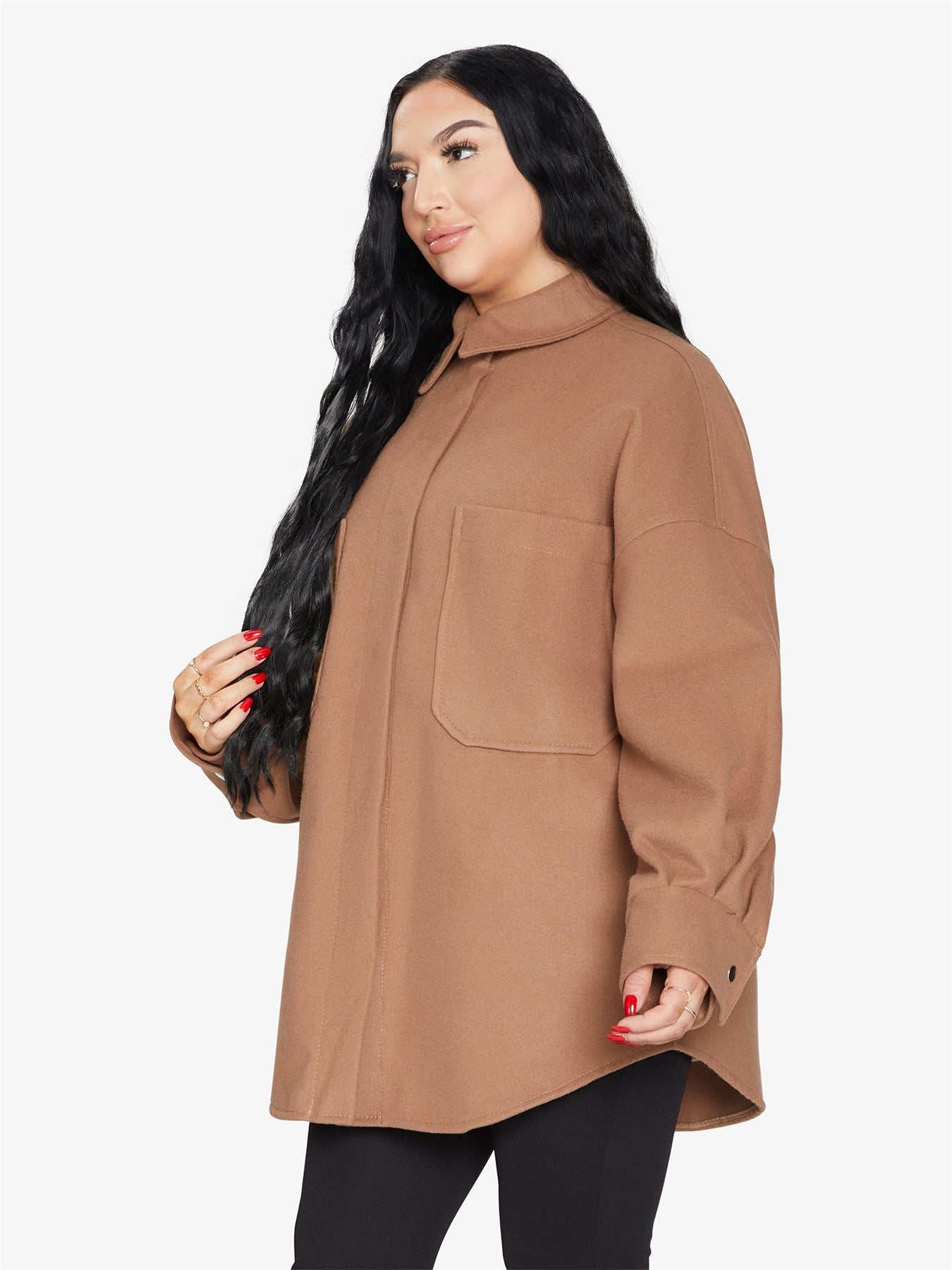 Rose Eleusis oversized patch pocket shacket, casual jacket with large front pockets, styled for a relaxed, trendy look.
