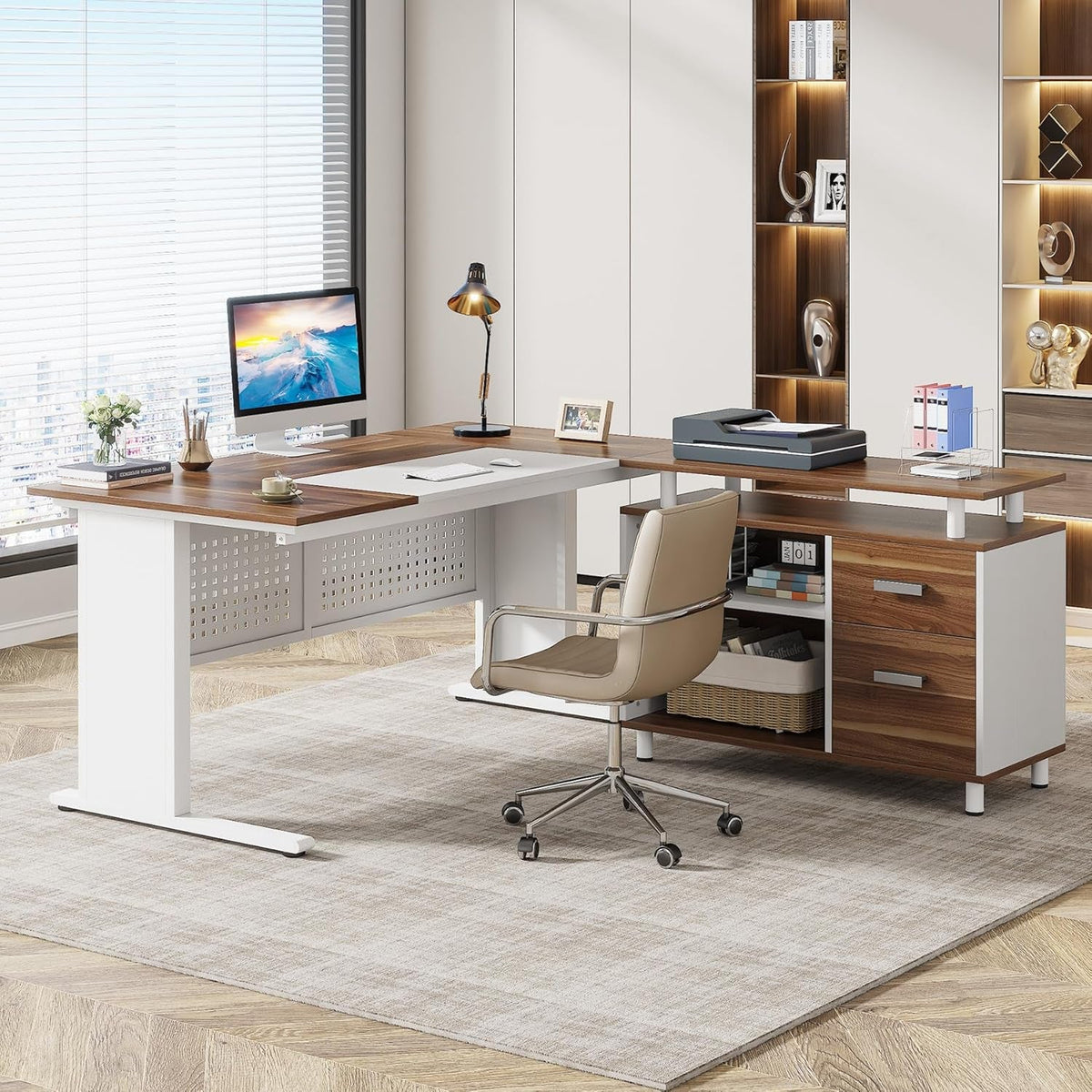 Walnut 63Inch Executive Desk With File Storage Cabinet