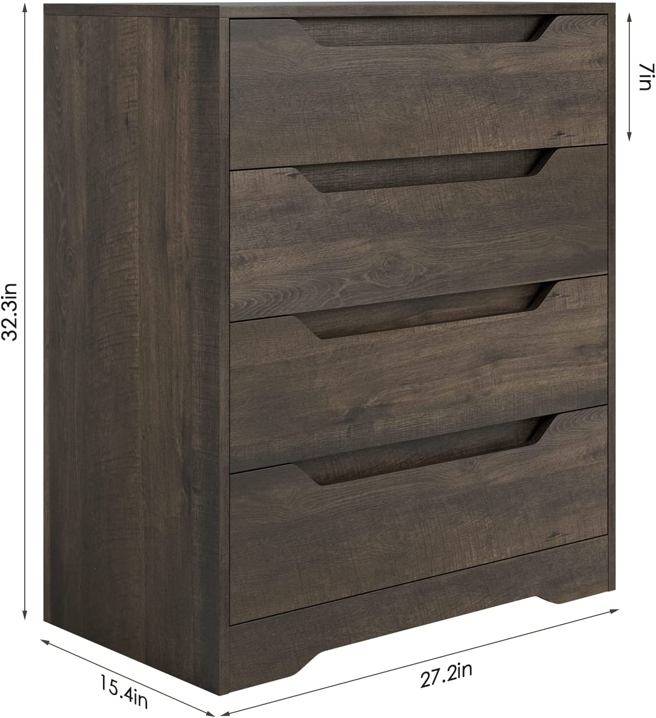 Dark brown Peach Maple 4-drawer bedroom dresser with storage drawers, showcasing a sturdy furniture piece for organization.