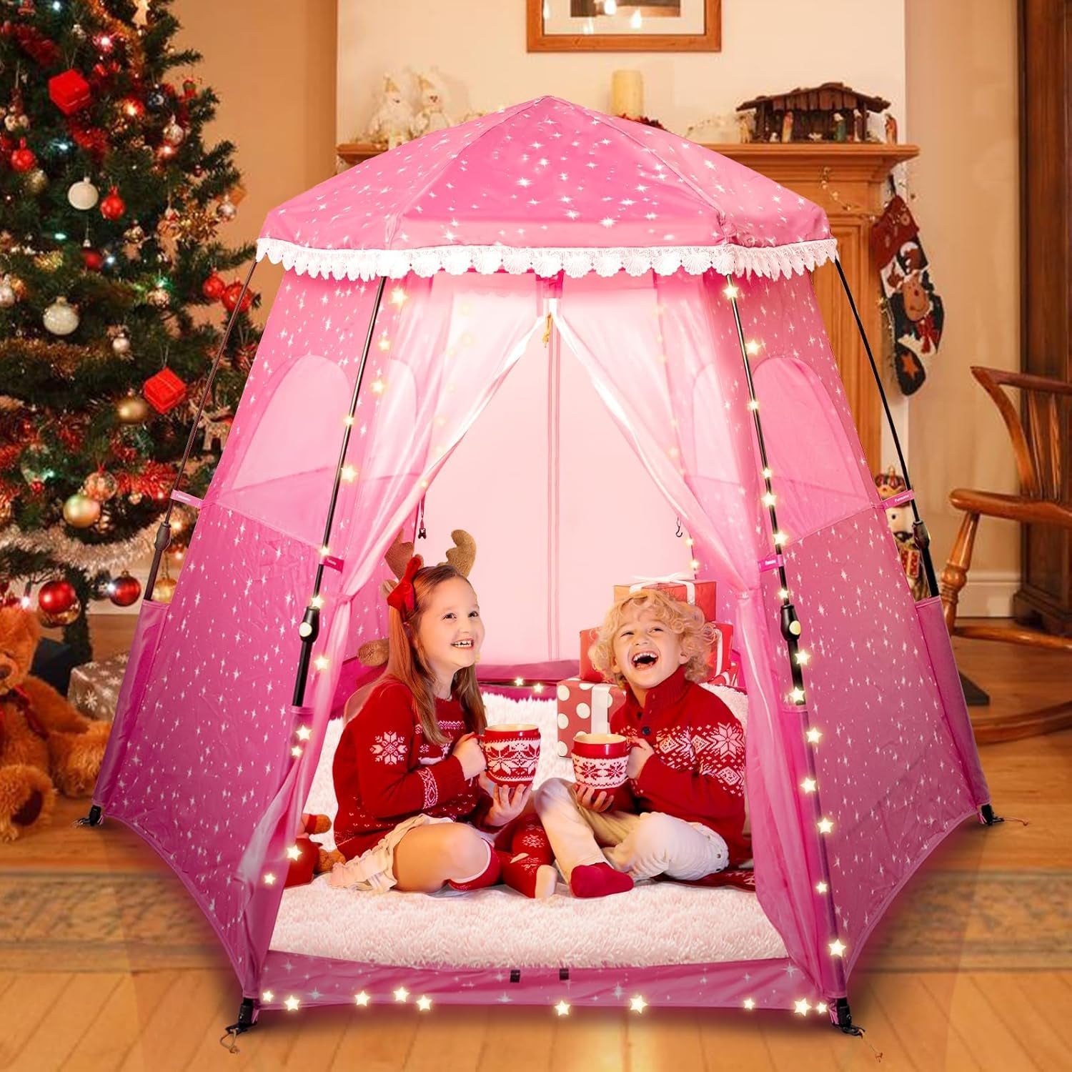 Pink princess castle play tent for kids, 78x66 inches, Peach Maple kids furniture, with windows and castle design.